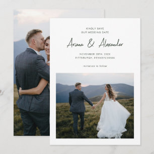 Einfache Forest Green Script Foto Hochzeit Save The Date