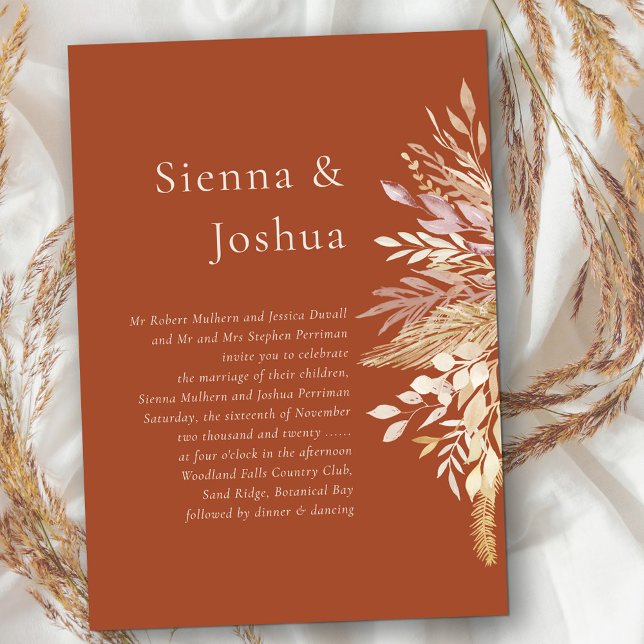 Einfache formale Terracotta-Creme Botanische Hochz Einladung (Terracotta wedding invitation with fall foliage and elegant combo of modern and formal wording)
