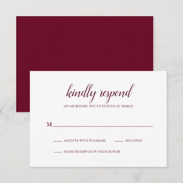 Einfache formelle Hochzeit in Burgund Elegant RSVP Karte (Vorne/Hinten)