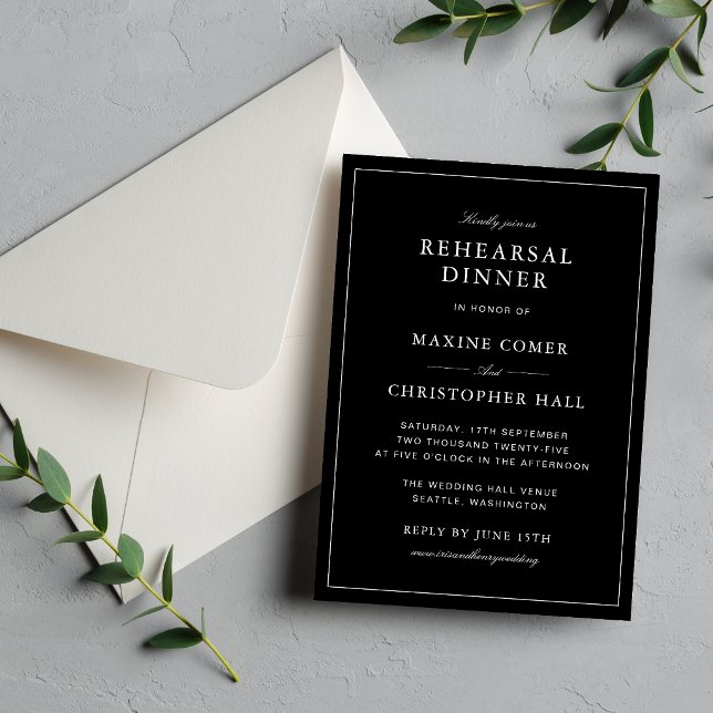 Einfache formelle schwarze & weiße Probe-Dinnerpar Einladung (Simple black and white rehearsal dinner invitation sets an elegant tone for your celebration.)