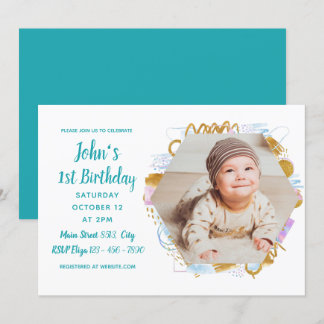Einfache Foto Baby First Birthday farbig Einladung