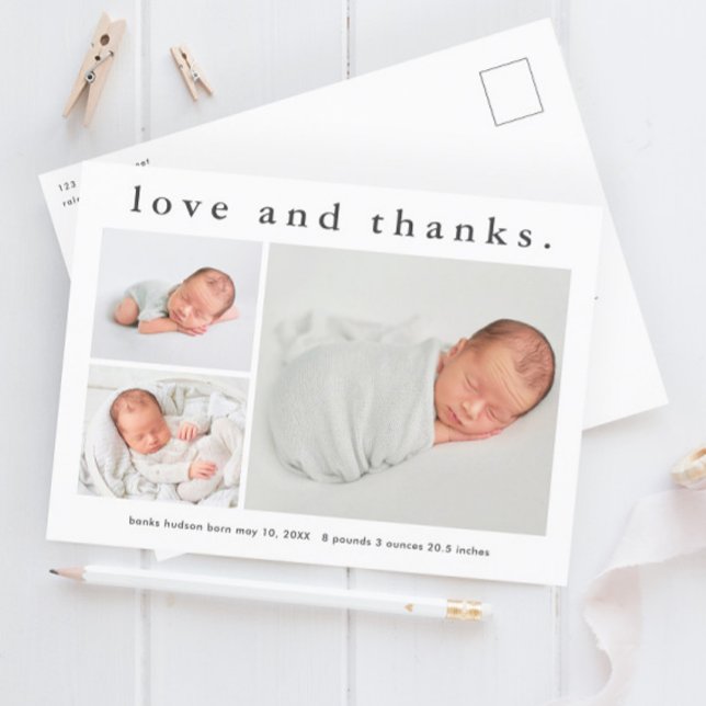 Einfache Foto Baby Geburtserklärung Vielen Dank Postkarte (Simple 3 photo baby announcement thank you postcard.)