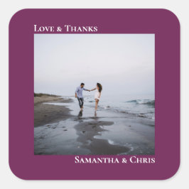 Einfache Foto Cassis Lila Liebe & Dank Hochzeit Quadratischer Aufkleber