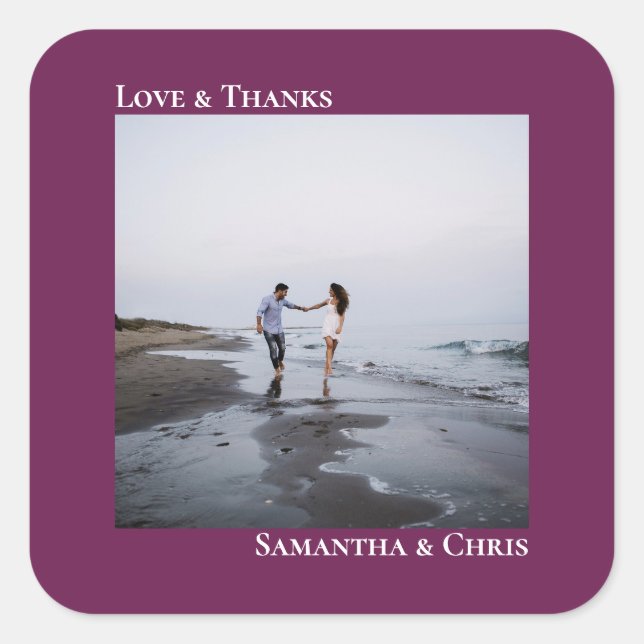 Einfache Foto Cassis Lila Liebe & Dank Hochzeit Quadratischer Aufkleber (Vorderseite)