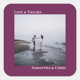 Einfache Foto Cassis Lila Liebe & Dank Hochzeit Quadratischer Aufkleber