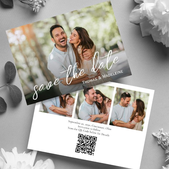Einfache Foto Collage Hochzeit Save The Date (Simple wedding save the date photo card with a scannable QR code. )