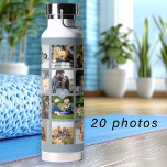 Einfache Foto-Collage mit Monogramm Keepsake blau Trinkflasche<br><div class="desc">Fügen Sie 20 Fotos, Kinder, Haustiere oder Freunde hinzu und kreieren Sie Ihre eigene trendige Collage Grid staubige Blau- und Weißwasserflasche mit Ihrem persönlichen oder familiären Monogramm-Namen in einem hellblauen Herz. Einfach mit Ihren benutzerdefinierten quadratischen Bildern und Buchstaben personalisieren. Es kann ein nettes, nachdenkliches Geschenk für ein Familienmitglied, einen Freund...</div>