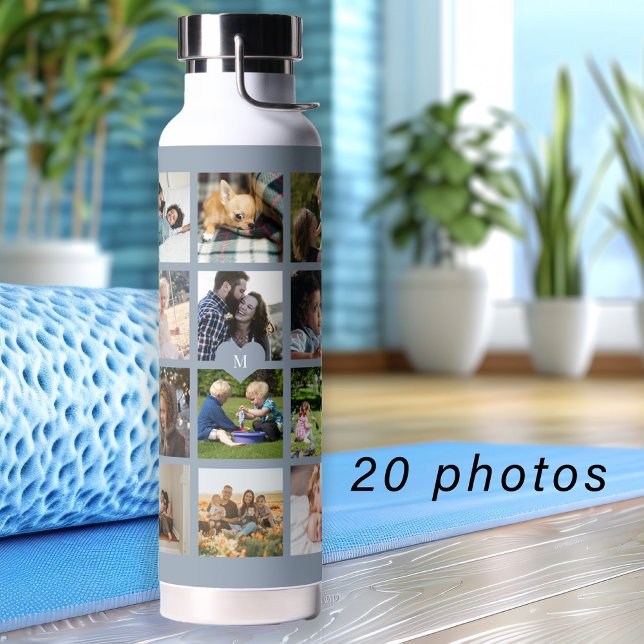 Einfache Foto-Collage mit Monogramm Keepsake blau Trinkflasche (Von Creator hochgeladen)
