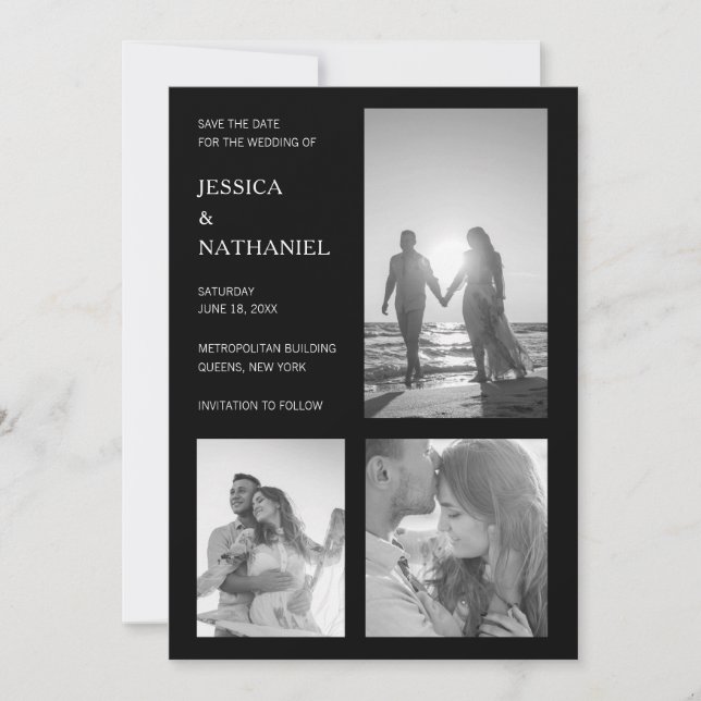 Einfache Foto Collage Schwarz Moderne Hochzeit Save The Date (Vorderseite)
