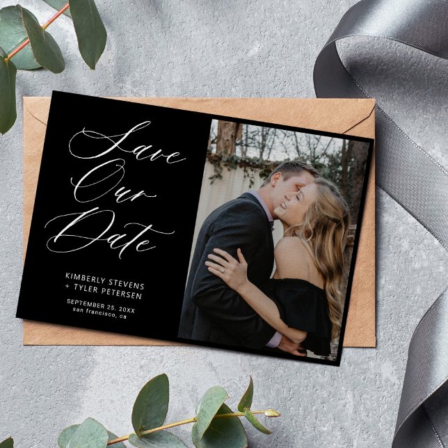 Einfache Foto elegante Drehbuch Schwarze Hochzeit Save The Date (Von Creator hochgeladen)