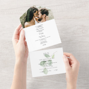 Einfache Foto-Eukalyptus-Hochzeit beider Eltern All In One Einladung