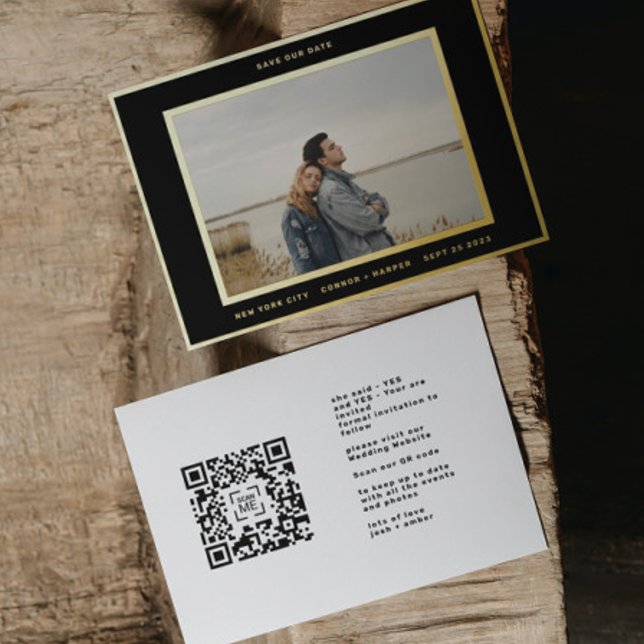 Einfache Foto Gold Border QR Code rette unser Datu Folieneinladung (Von Creator hochgeladen)