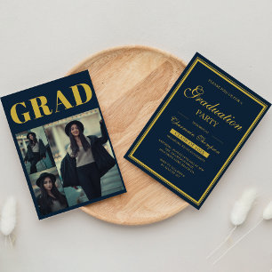 Einfache Foto-Gold-Grenze   Navy Blue Abschluss Einladung