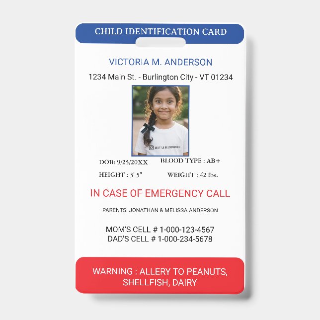 Einfache Foto-Notfall-Kinder-ID Ausweis (Vorderseite)