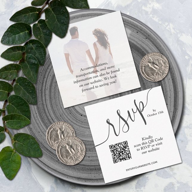 Einfache Foto QR Code Hochzeit Begleitkarte (Small 2.5" x 2.5" QR code wedding RSVP cards)