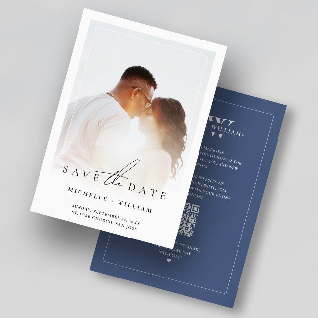 Einfache Foto Rahmen Wedding Monogram Dusky Blue Save The Date (Minimal Photo Frame Wedding Monogram Dusky Blue Save The Date
)