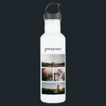 Einfache FotoCollage Modern Edelstahlflasche<br><div class="desc">Moderne Wasserflasche mit einem einfachen und minimalen Schwarz-Weiß-Design mit einer Foto-Collage von vier Ihrer Lieblingsfotos zusammen mit Ihrem Namen in einem eleganten Drehbuch.</div>