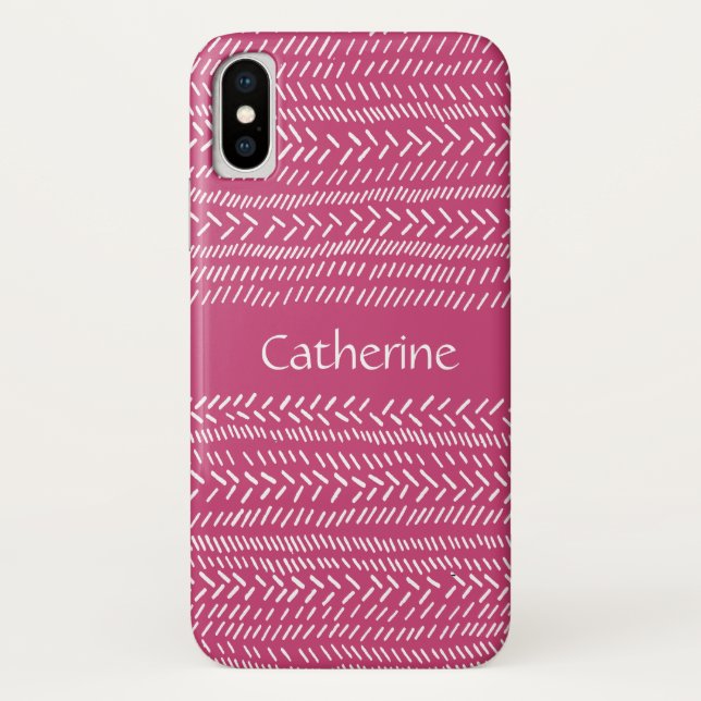 Einfache Fuchsia Pink White Stripes Name Case-Mate iPhone Hülle (Rückseite)