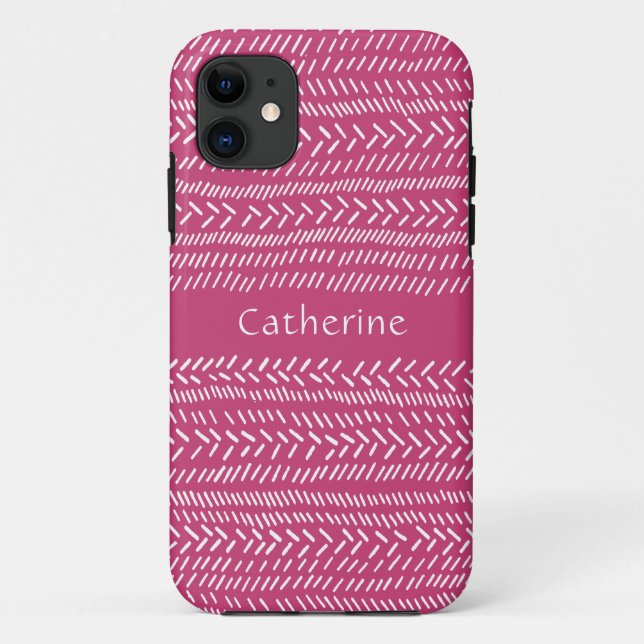Einfache Fuchsia Pink White Stripes Name Case-Mate iPhone Hülle (Rückseite)