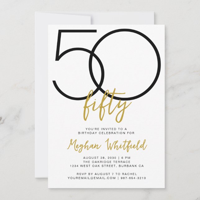 Einfache fünfzigste Goldschrift 50. Geburtstagsfei Einladung (Vorderseite)