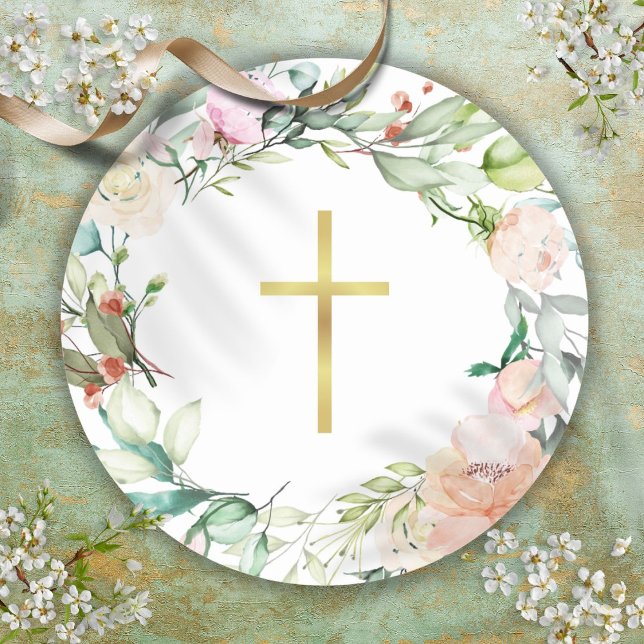 Einfache Gärtnerei mit Goldkreuz-Rose Runder Aufkleber (Simple Gold Cross Woodland Rose Garland Classic Round Sticker)