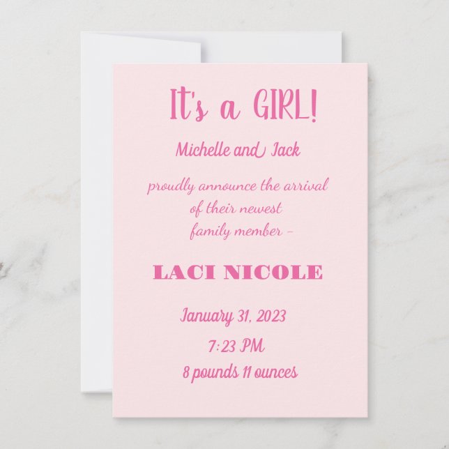 EINFACHE GEBURTSANKÜNDIGUNG EINLADUNG (Vorderseite)