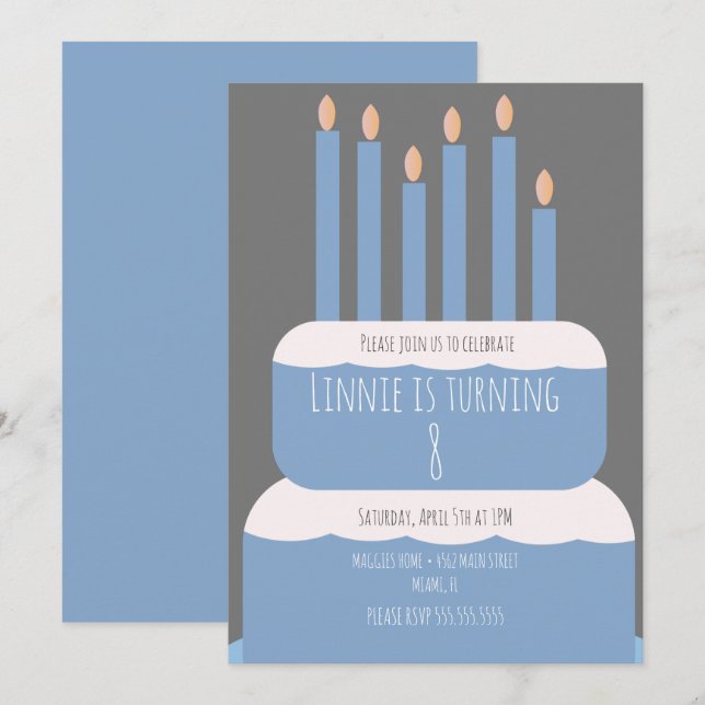 Einfache Geburtstagstorte mit Party Candles Blue Einladung (Vorne/Hinten)
