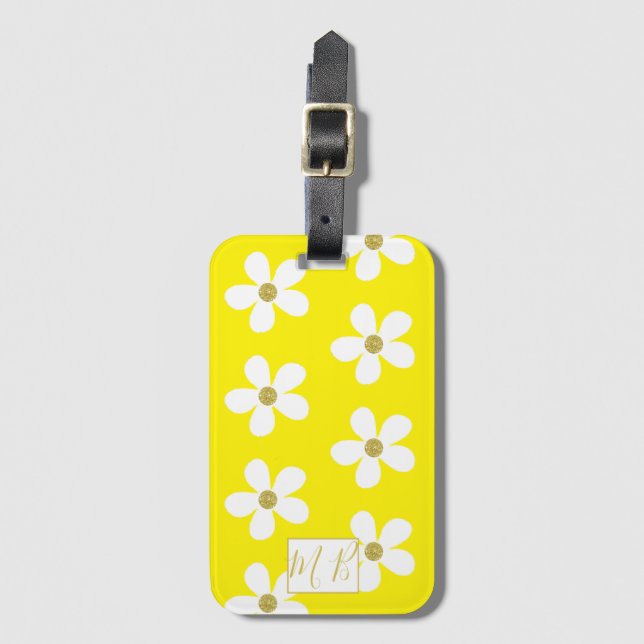 Einfache gelbe weiße Daisy Gold Monogram Travel Gepäckanhänger (Vorderseite Vertikal)
