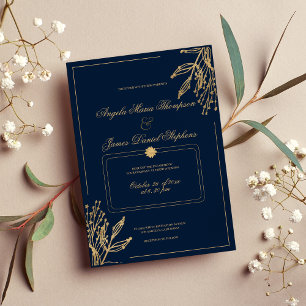 Einfache geometrische Hochzeit mit blauem Gold Einladung