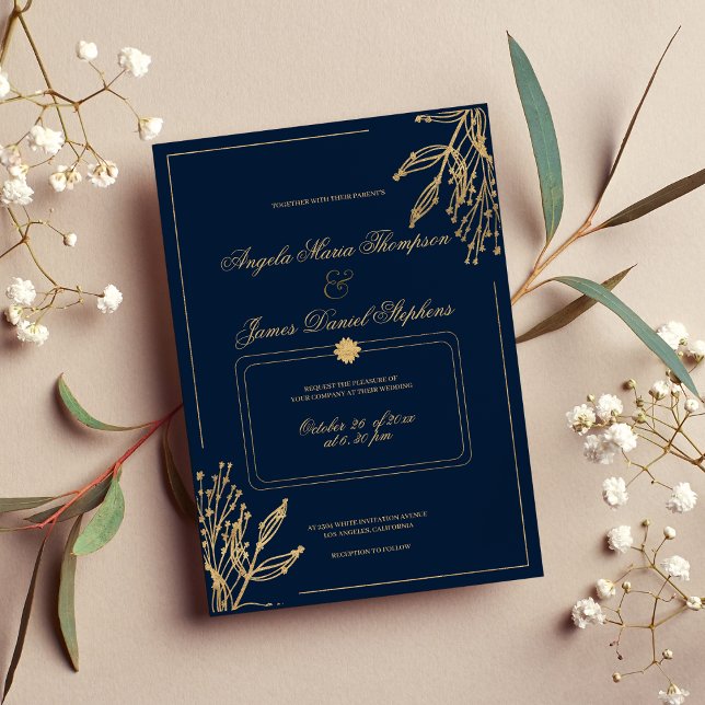 Einfache geometrische Hochzeit mit blauem Gold Einladung (Simple geometrical navy blue gold floral wedding invitation)