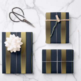 Einfache geometrische Streifen aus Gold und Navy Geschenkpapier Set