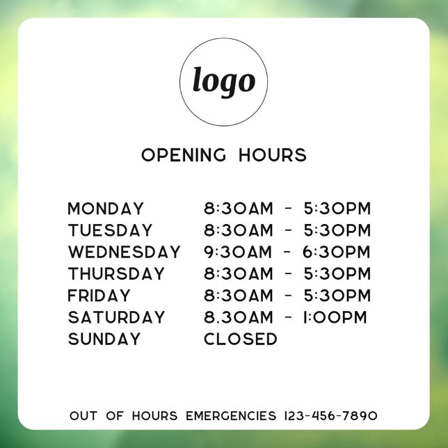 Einfache Geschäftszeiten für Logos und Texte Fensteraufkleber (Simple logo with custom text business branding promotional opening hours window cling)