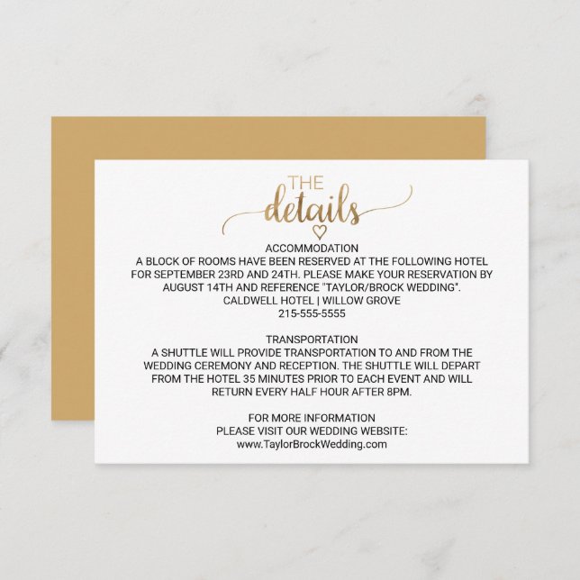 Einfache Gold Calligraphy Wedding Details Card Begleitkarte (Vorne/Hinten)