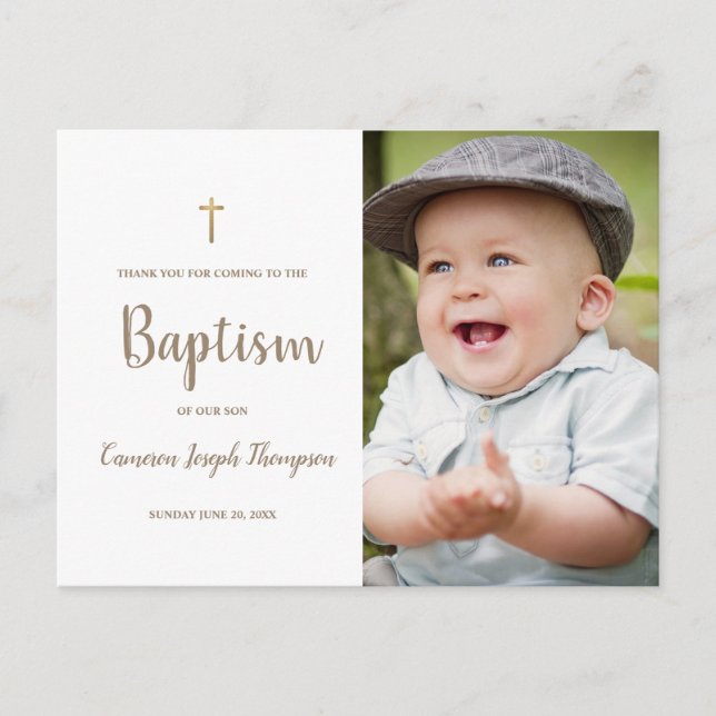 Einfache Gold Cross Custom Foto Baby Taufe Postkarte (Vorderseite)