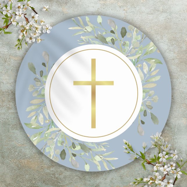 Einfache Gold Cross Wasserfarbe Grüne Dusty Blau Runder Aufkleber (Simple Gold Cross Watercolor Greenery Dusty Blue Classic Round Sticker)
