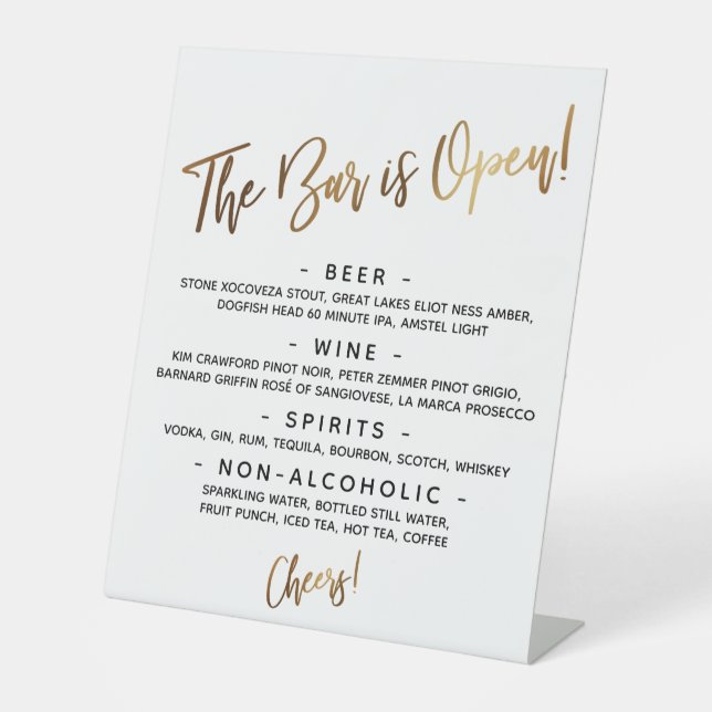 Einfache Gold Handschrift Open Bar Menu-Anmeldung Sockelschild (Vorderseite)