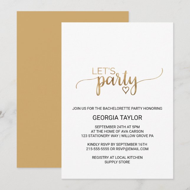 Einfache Gold-Kalligrafie-Junggeselinnen-Abschied Einladung (Vorne/Hinten)