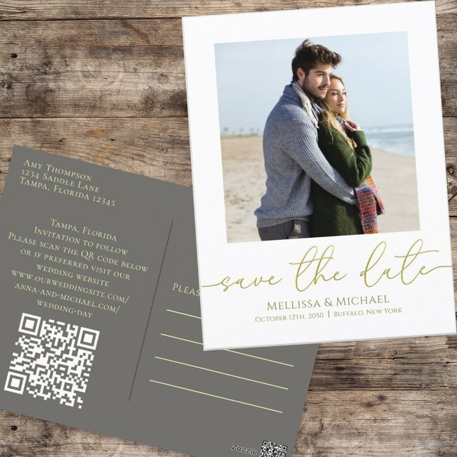 Einfache Gold-Kalligrafie-Script-Foto QR-Code Postkarte (Von Creator hochgeladen)