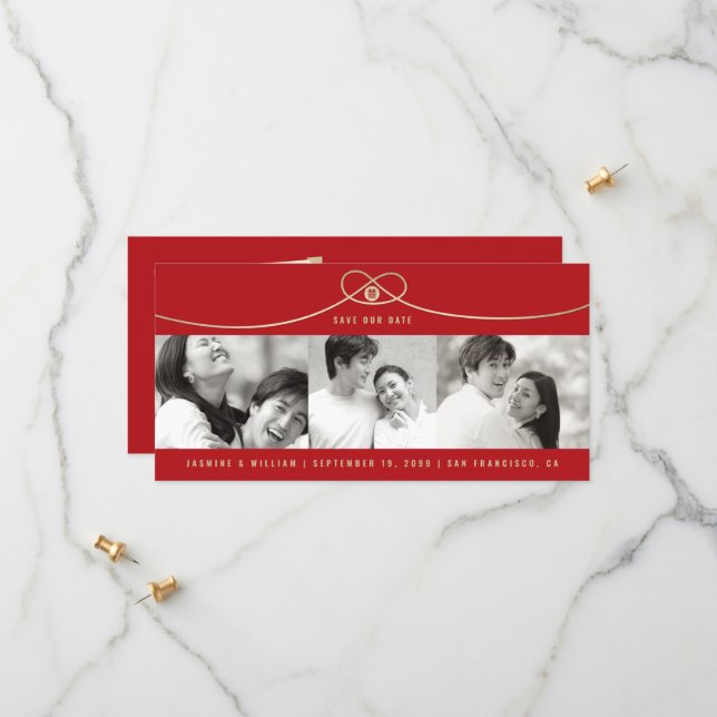 Einfache Gold Knot Double Happy 3 Foto Chinesisch Save The Date (Vorderseite/Rückseite Beispiel)
