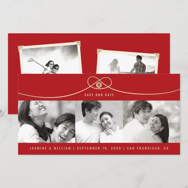 Einfache Gold Knot Double Happy 3 Foto Chinesisch Save The Date (Vorne/Hinten)