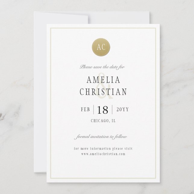 Einfache Gold Monogram Wedding Save the Date Card (Vorderseite)