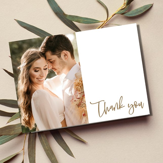 Einfache Gold Script Foto Hochzeit Dankeschön Kart Karte (Simple Gold Script Photo Wedding Thank You Card)