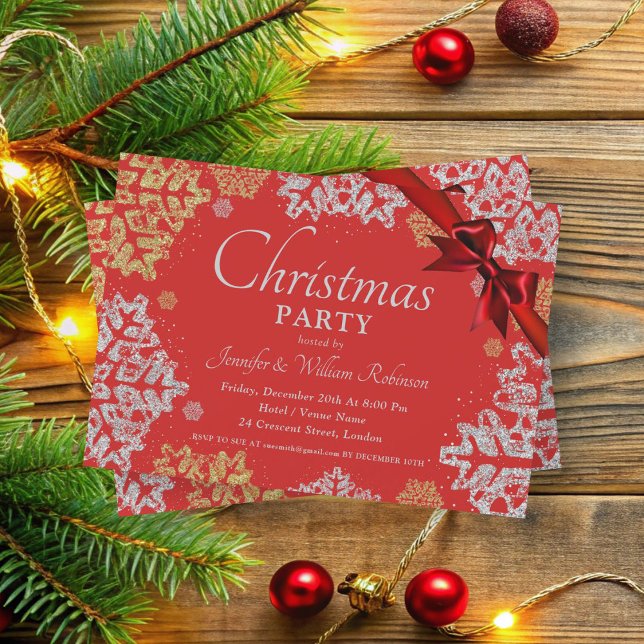 Einfache Gold & Silber Schneeflocken Weihnachten R Einladung (Simple Gold & Silver Snowflakes Xmas Holiday Red Invitation)