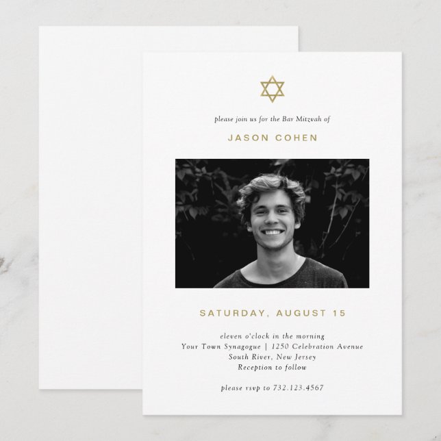 Einfache Gold Star von David | Foto Bar Mitzvah Einladung (Vorne/Hinten)