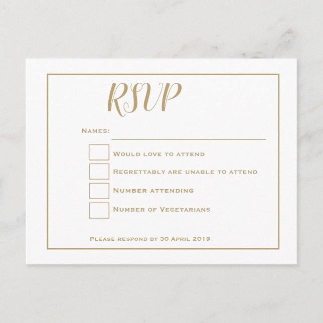 Einfache Gold-Typografie und RSVP für RahmenWeddin Postkarte (Vorderseite)