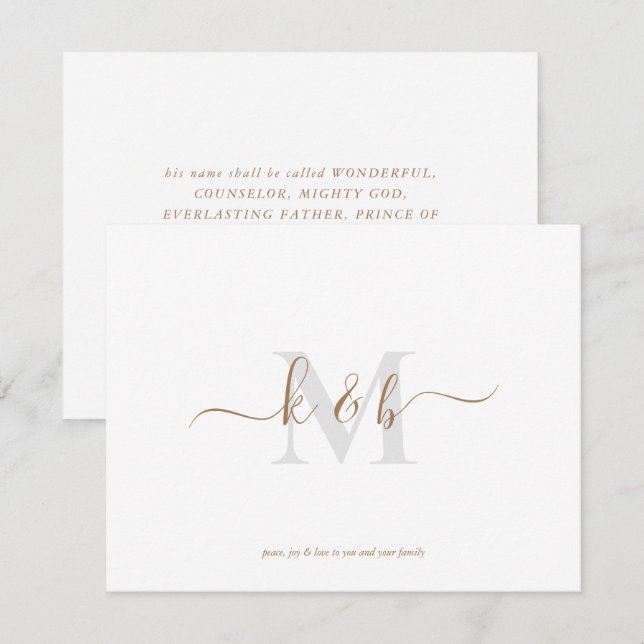 Einfache Gold- und Grau-Monogramm-Schrift-Weihnach Mitteilungskarte (Vorne/Hinten)