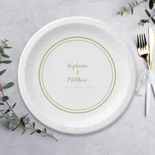 Einfache Gold Weiße Braut & Bräutigam Hochzeit Pappteller