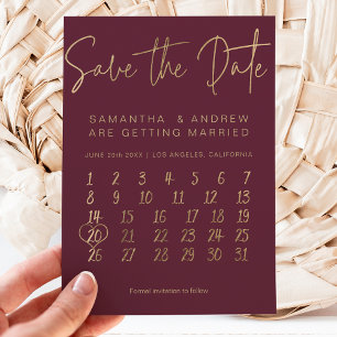 Einfache Goldburgunder-Kalender Save the Date Ankündigungspostkarte