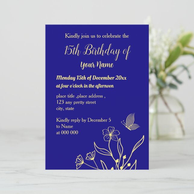 Einfache Goldene Blume Königsblauer Geburtstag Einladung (Stehend Vorderseite)