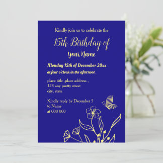 Einfache Goldene Blume Königsblauer Geburtstag Einladung